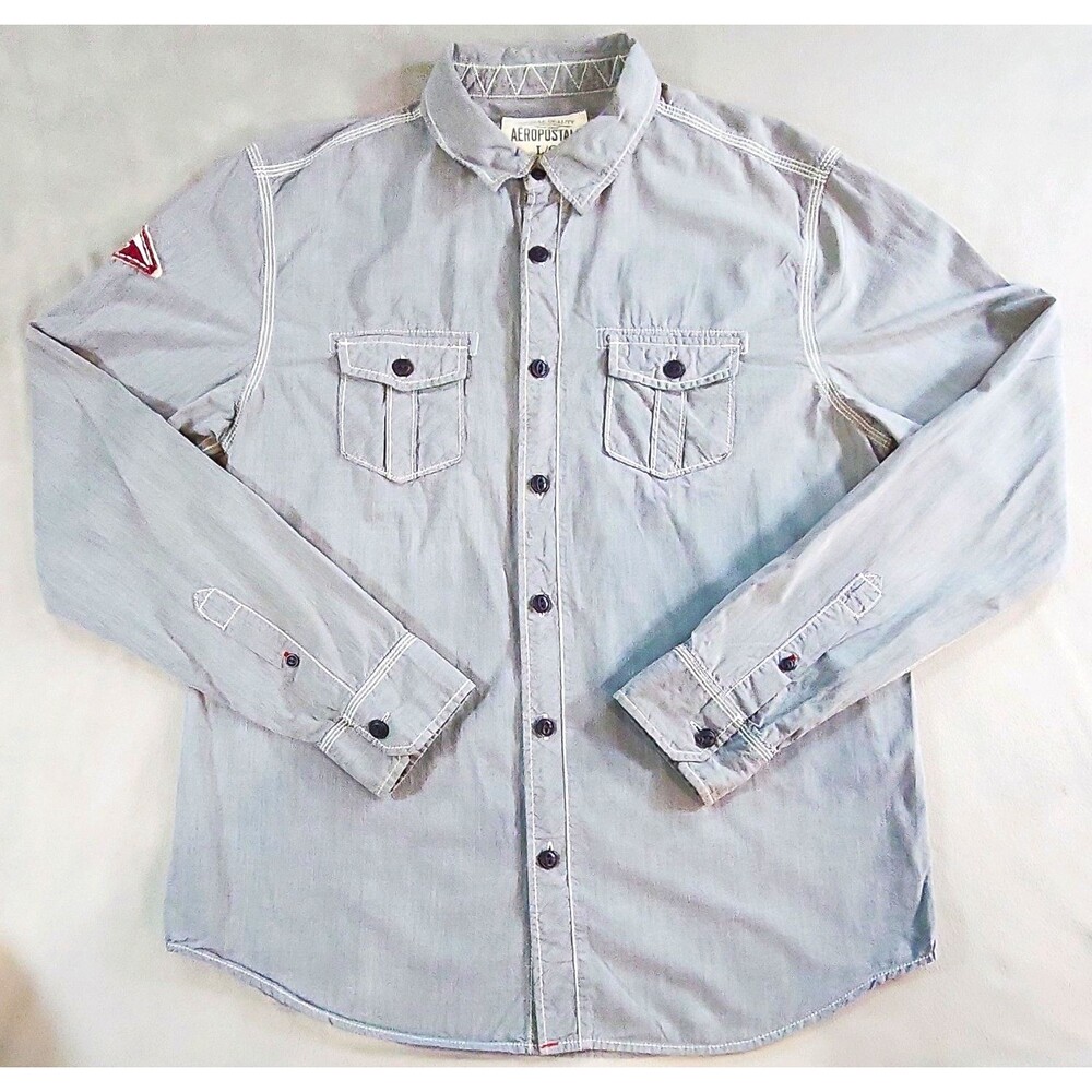Aeropostale Mens Gray Long Sleeve Button Down Shirt Embroidered Size L